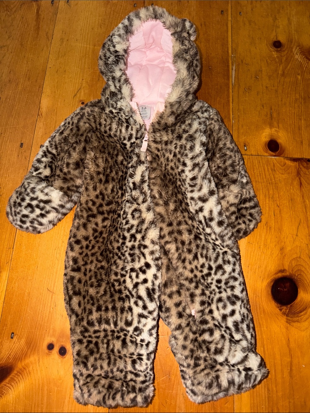 Carter's Pink Lined Infant Snowsuit Faux Fur Trim Leopard Baby Pram 3-6 months